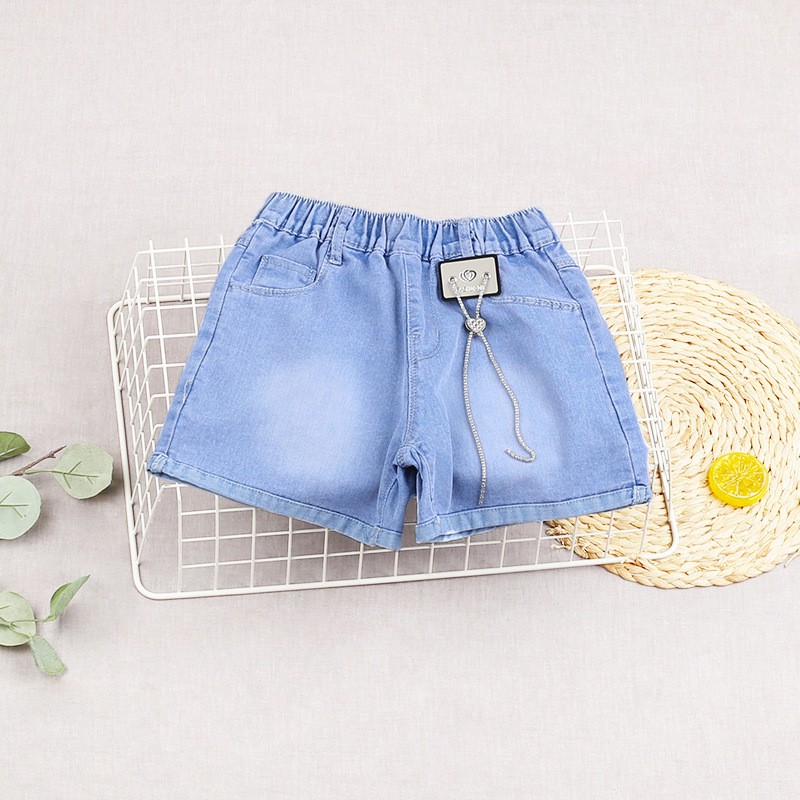 Girls Summer 2024 New Arrival Western Korean Style Versatile Children Summer Wear Thin Denim Shorts with Lace Trendy