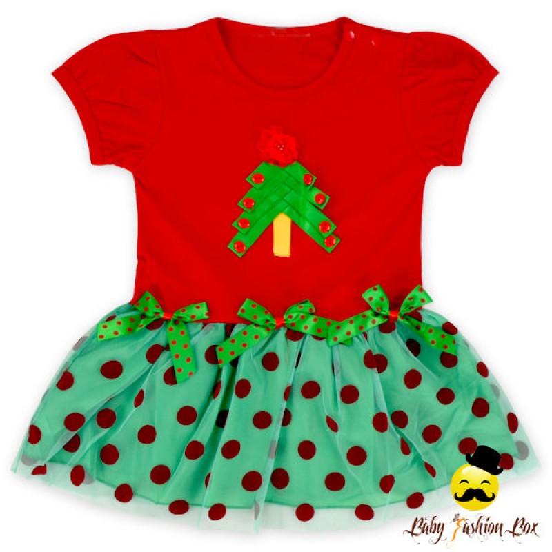 Christmas Baby Short Sleeve Print Tree Dot Short Skirt Tulle Dress Baby Dress Design