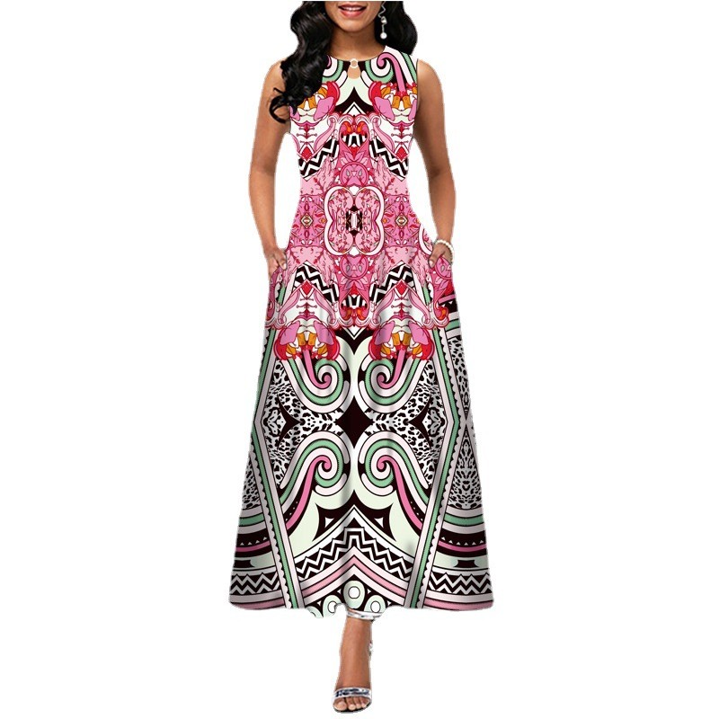 Summer Women Sleeveless Tank Top Print Dress with Pocket Plus Size Long Dress Maxi Skirt