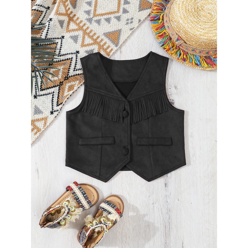 Cute Fringe 2pcs Set Western Cowboy Denim Style Brown Vest New Top Sleeveless Vest (Vest + Hat)