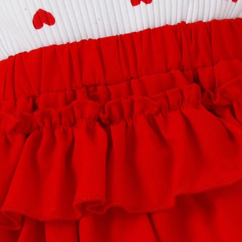 Red Small Heart Print Ribbed Pure Cotton Children's Wear Girl Tank Top Set Girl Valentine's Day Summer Outfit