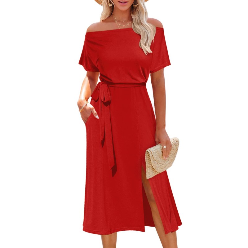 Summer Women Solid Color Casual Dress Off-Shoulder Short Sleeve Tie Slit Evening Dress