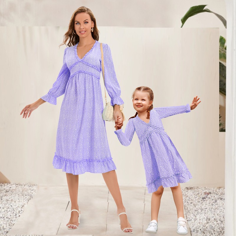 Women's Long Sleeve V-Neck Mother Daughter Dress Holiday Casual Party Dress