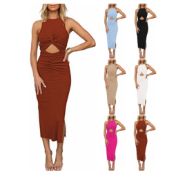 2023 Summer Women's Clothing European & American Sleeveless Plus Size Dress Hollow Out Ruffle Split Ribbed Knit Dress