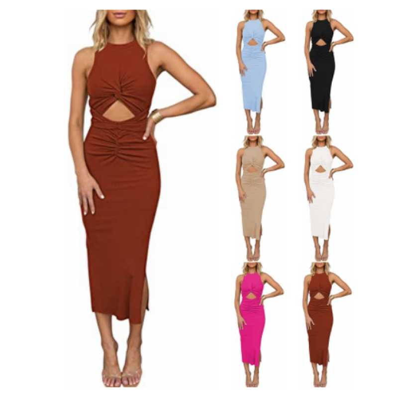 2023 Summer Women's Clothing European & American Sleeveless Plus Size Dress Hollow Out Ruffle Split Ribbed Knit Dress