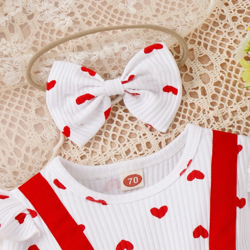 Red Small Heart Print Ribbed Pure Cotton Children's Wear Girl Tank Top Set Girl Valentine's Day Summer Outfit