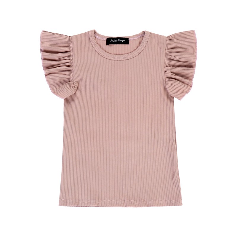 Pink Flutter Sleeve Cute Young Girl T-Shirt Ruffle Knit Ribbed Top Girl Clothes