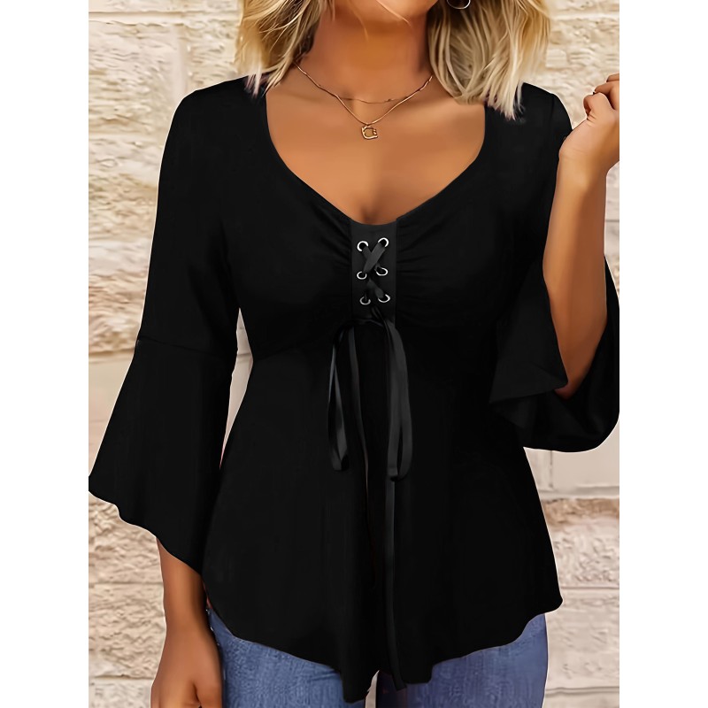 Women's Sexy Lace Plus Size Bow V-Neck Blouse Casual Three-Season Top T-Shirt