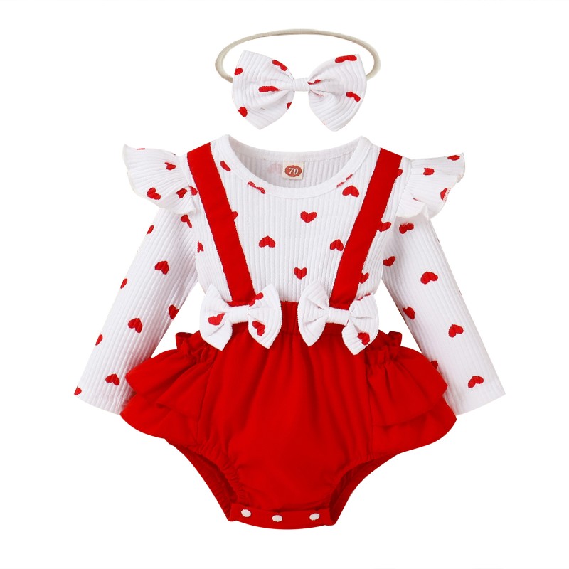 Red Small Heart Print Ribbed Pure Cotton Children's Wear Girl Tank Top Set Girl Valentine's Day Summer Outfit