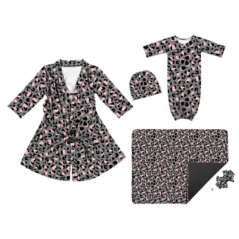 PJA-011 5pcs Pack Pink Floral Mommy & Me Maternity Robe and Matching Baby Set