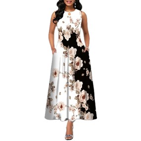 Summer Women Sleeveless Tank Top Print Dress with Pocket Plus Size Long Dress Maxi Skirt