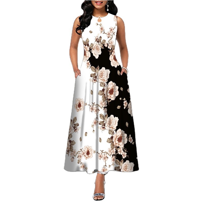 Summer Women Sleeveless Tank Top Print Dress with Pocket Plus Size Long Dress Maxi Skirt