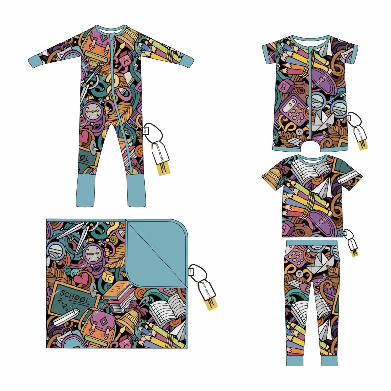 Back to School Soft Bamboo Viscose Baby Zipper Pants Kids Pajamas Unisex Custom Print Zipper Footed Bamboo Baby Clothing Set