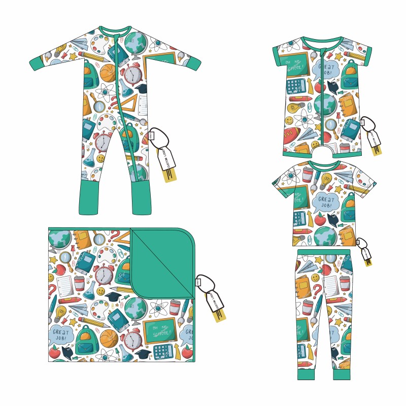 Back to School Soft Bamboo Viscose Baby Zipper Pants Kids Pajamas Unisex Custom Print Zipper Footed Bamboo Baby Clothing Set
