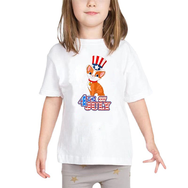 Family Independence Day Fashion Cartoon Print White Cotton Family Matching T-Shirt July 4th Short Sleeve T-Shirt.