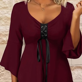 Women's Sexy Lace Plus Size Bow V-Neck Blouse Casual Three-Season Top T-Shirt