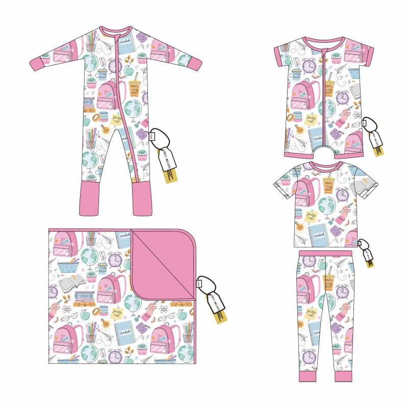Back to School Soft Bamboo Viscose Baby Zipper Pants Kids Pajamas Unisex Custom Print Zipper Footed Bamboo Baby Clothing Set