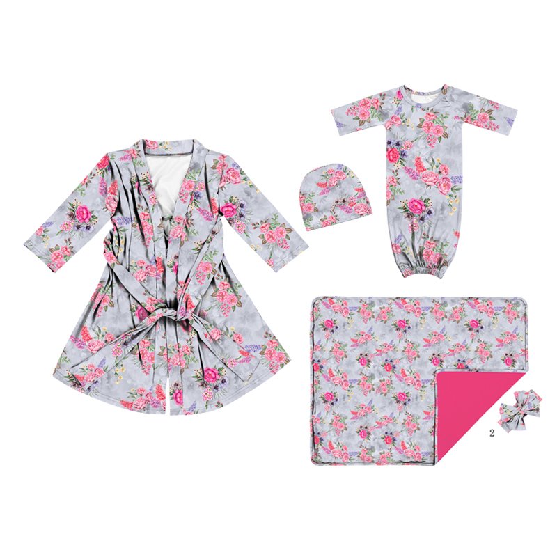PJA-011 5pcs Pack Pink Floral Mommy & Me Maternity Robe and Matching Baby Set