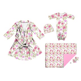 PJA-011 5pcs Pack Pink Floral Mommy & Me Maternity Robe and Matching Baby Set