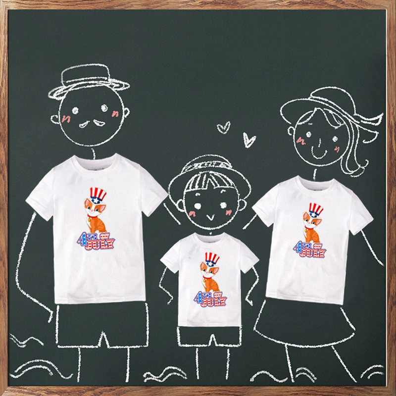 Family Independence Day Fashion Cartoon Print White Cotton Family Matching T-Shirt July 4th Short Sleeve T-Shirt.