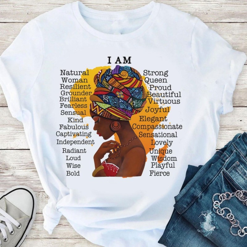 Women's African Black Girl Head Cartoon Female Letter T-Shirt Summer Short Sleeve Large Size Shirt Manufacturer Custom