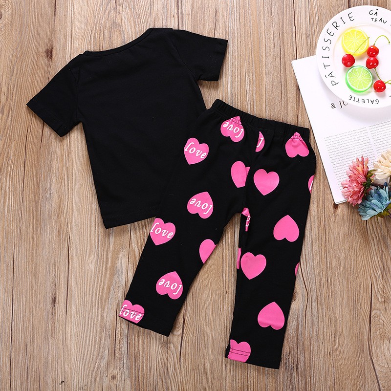 Hot Style Valentine's Day Children Set Love Cartoon Short Sleeve T-Shirt + Love Pants Girl Set