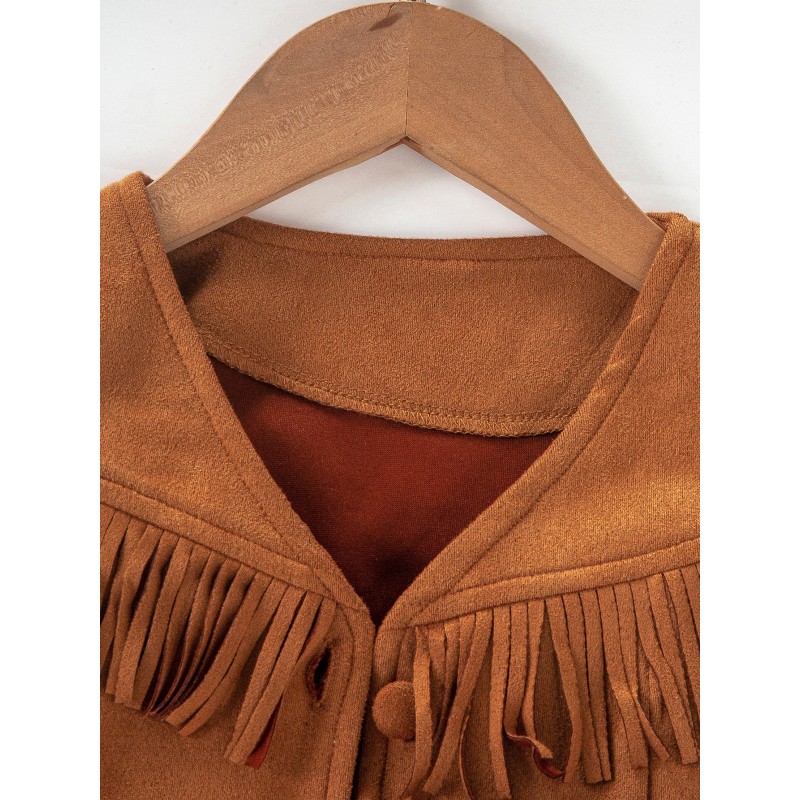 Cute Fringe 2pcs Set Western Cowboy Denim Style Brown Vest New Top Sleeveless Vest (Vest + Hat)