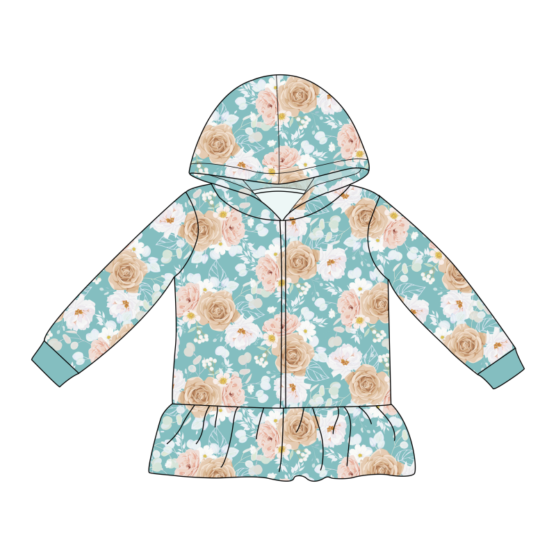 Custom Print Wholesale Kids Hoodie Full Zipper Ruffle Bottom Girls Clothing Sweatshirt