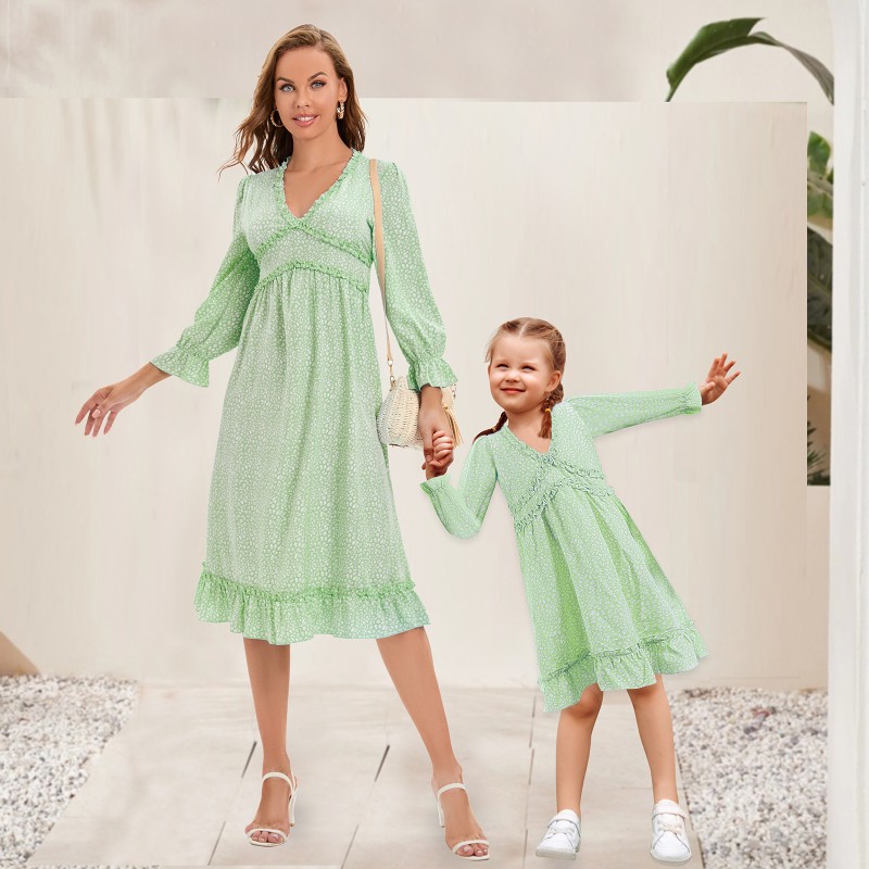 Women's Long Sleeve V-Neck Mother Daughter Dress Holiday Casual Party Dress