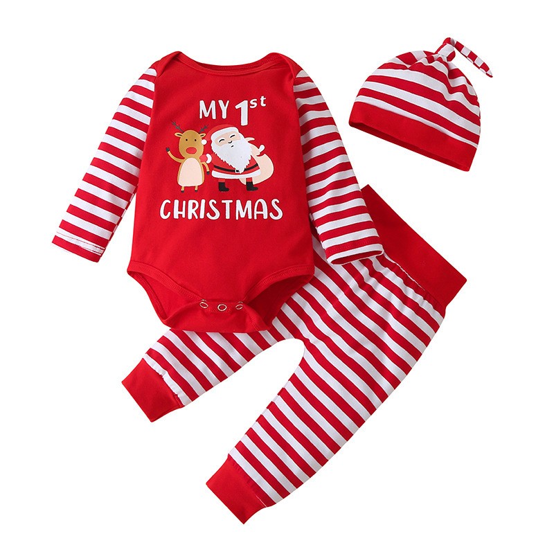Wholesale Custom Fashion 3pcs Set Baby Boy Girl Romper Hat Set Infant School Child Stock Smocking Christmas Clothing Set