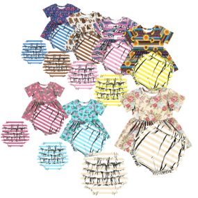 Wholesale Baby Clothes New Design 2pcs Baby Clothing Set Printed Fabric Ruffle Girls Clothing Baby Romper