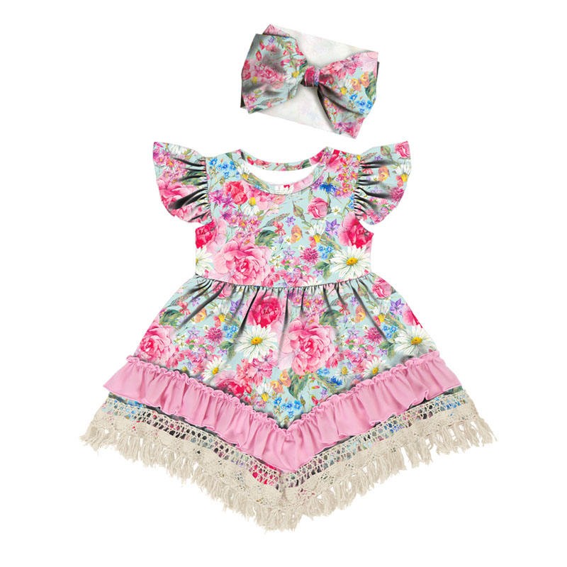 Bohemian Lace Dress Girl New Arrival Children Summer Sundress Floral Dress with Bell Sleeves and Headband