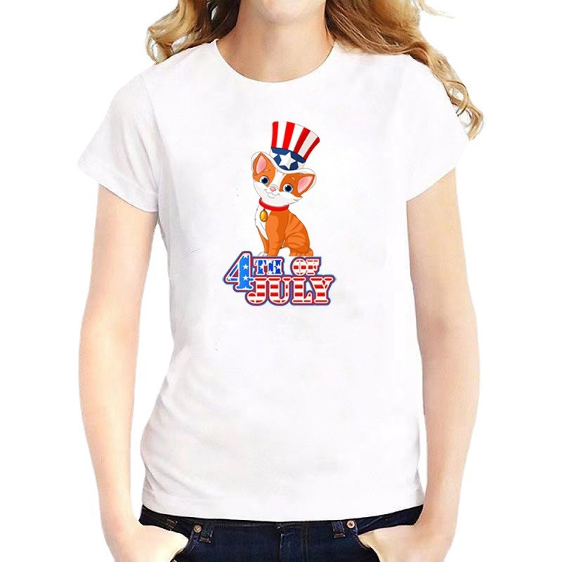 Family Independence Day Fashion Cartoon Print White Cotton Family Matching T-Shirt July 4th Short Sleeve T-Shirt.
