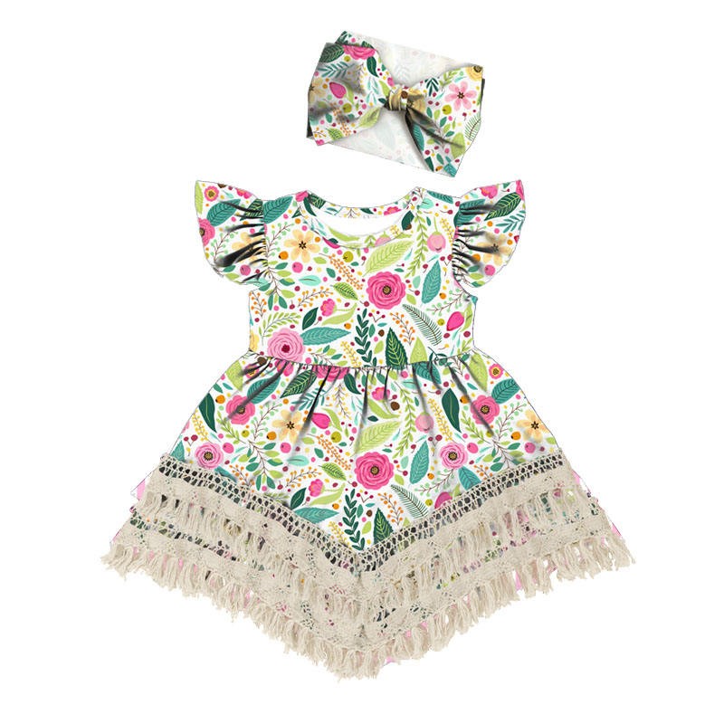 Bohemian Lace Dress Girl New Arrival Children Summer Sundress Floral Dress with Bell Sleeves and Headband
