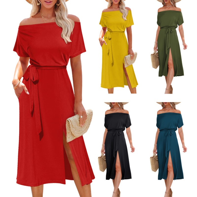 Summer Women Solid Color Casual Dress Off-Shoulder Short Sleeve Tie Slit Evening Dress