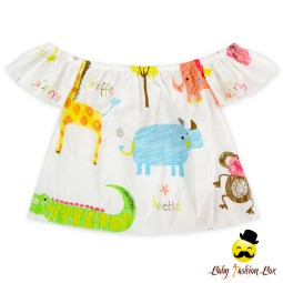 Cute Cartoon Animal Pattern Print Cotton Off-Shoulder Children Shirt Top Baby Girl Shirt Design