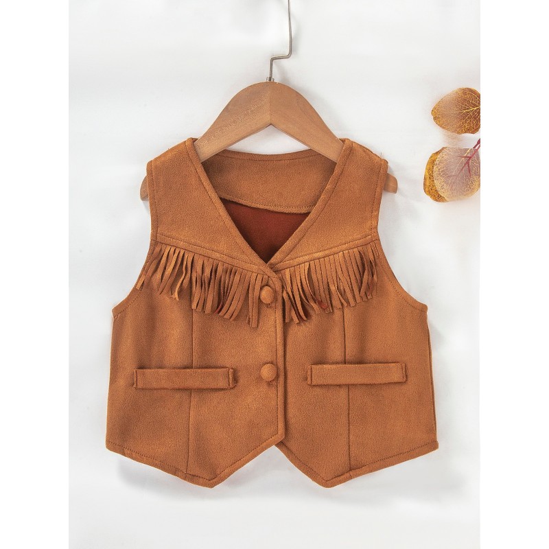 Cute Fringe 2pcs Set Western Cowboy Denim Style Brown Vest New Top Sleeveless Vest (Vest + Hat)