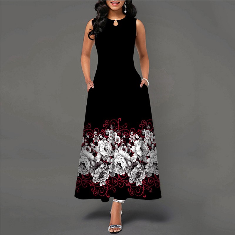 Summer Women Sleeveless Tank Top Print Dress with Pocket Plus Size Long Dress Maxi Skirt