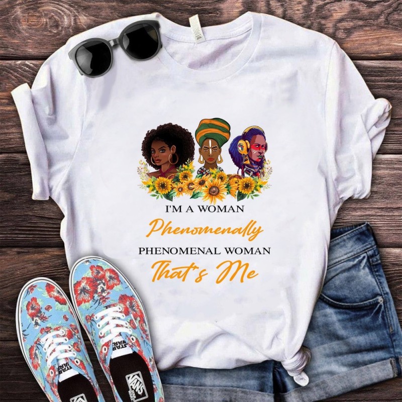 Women's African Black Girl Head Cartoon Female Letter T-Shirt Summer Short Sleeve Large Size Shirt Manufacturer Custom