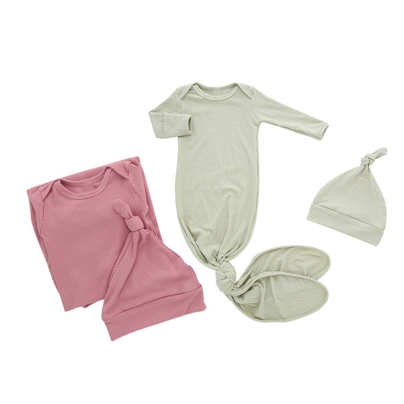 Newborn Baby Gown Ribbed Solid Color Easy Neck Design Sleep Sack + Matching Mountain Knot Pajama Set