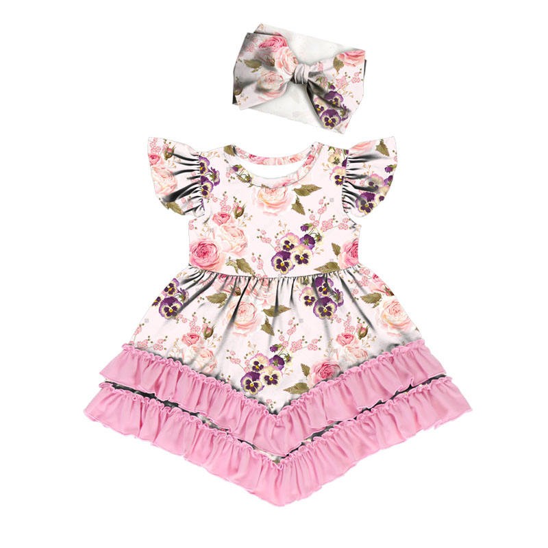 Bohemian Lace Dress Girl New Arrival Children Summer Sundress Floral Dress with Bell Sleeves and Headband