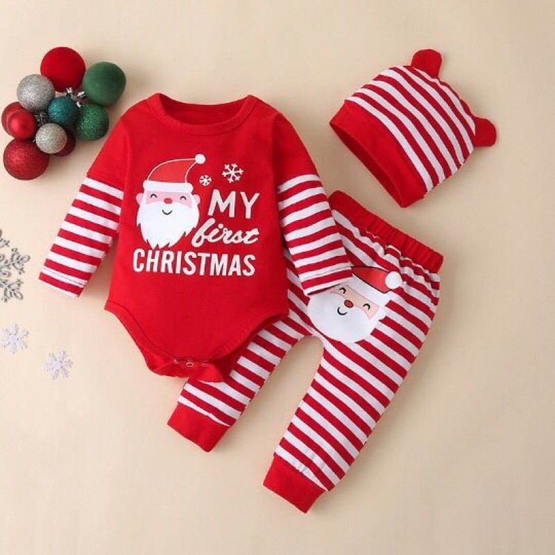 Wholesale Custom Fashion 3pcs Set Baby Boy Girl Romper Hat Set Infant School Child Stock Smocking Christmas Clothing Set