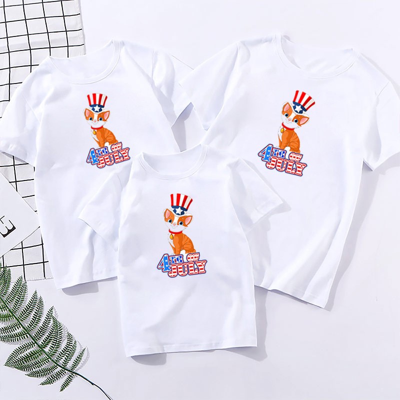 Family Independence Day Fashion Cartoon Print White Cotton Family Matching T-Shirt July 4th Short Sleeve T-Shirt.