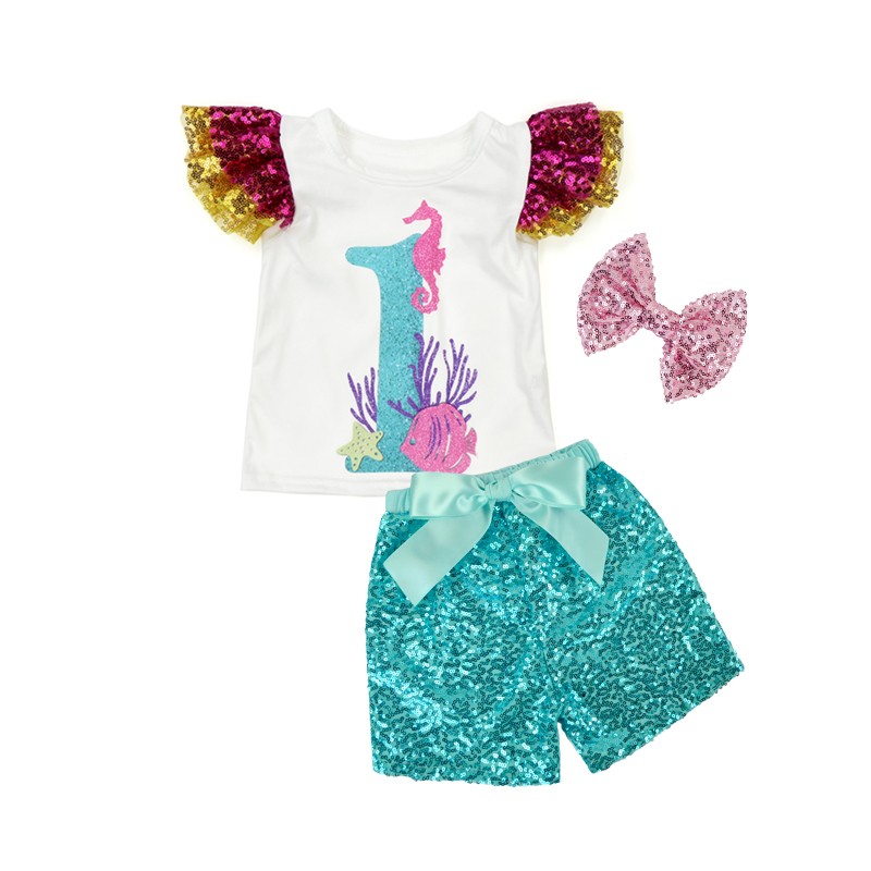 OEM ODM Girls Clothing Set Ruffle Sleeveless Top and Girls Sequin Shorts
