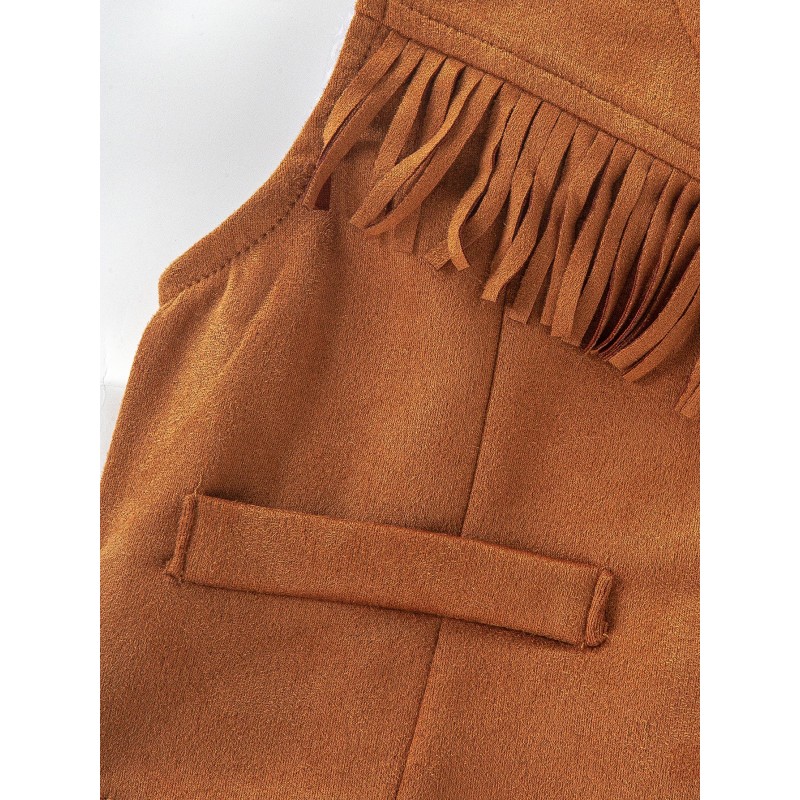 Cute Fringe 2pcs Set Western Cowboy Denim Style Brown Vest New Top Sleeveless Vest (Vest + Hat)