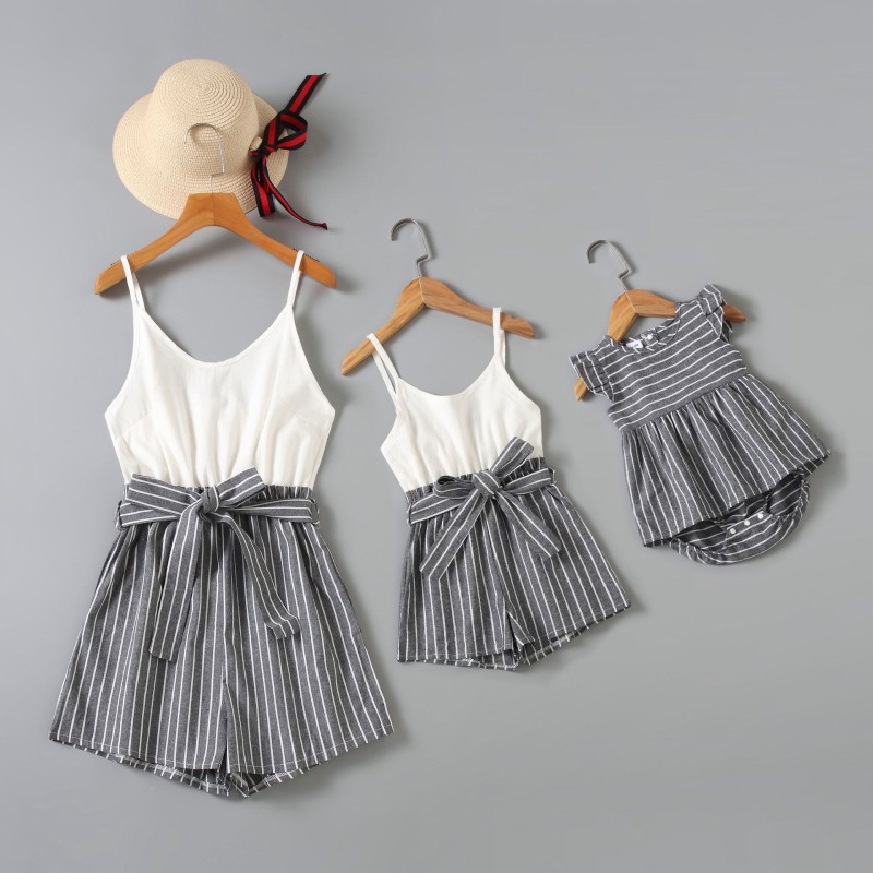 Mother Daughter Family Matching Clothing Women's Wear Mommy and Me and Baby Wear Stripe Romper