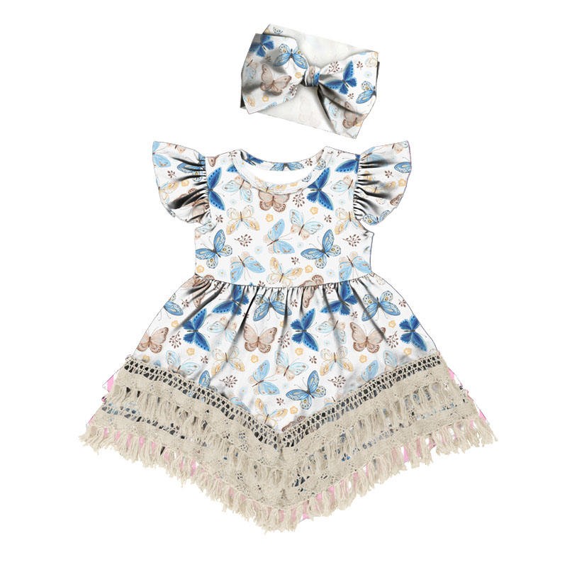 Bohemian Lace Dress Girl New Arrival Children Summer Sundress Floral Dress with Bell Sleeves and Headband