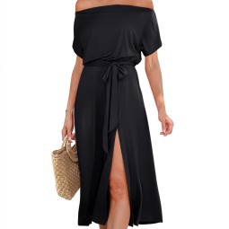 Summer Women Solid Color Casual Dress Off-Shoulder Short Sleeve Tie Slit Evening Dress