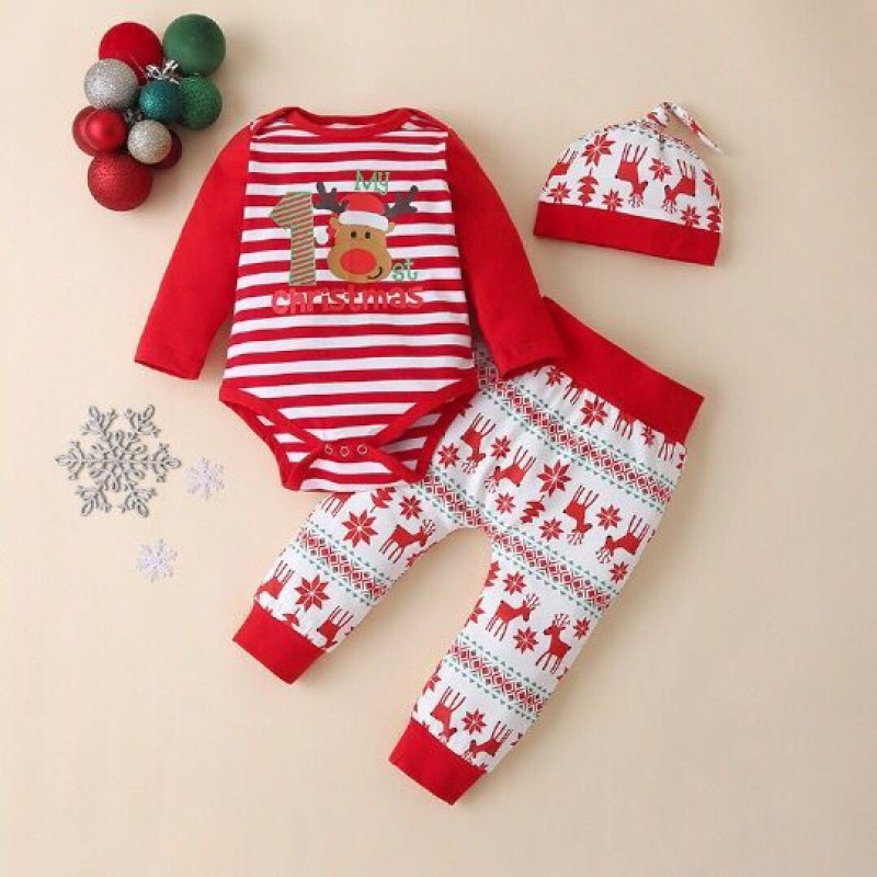 Wholesale Custom Fashion 3pcs Set Baby Boy Girl Romper Hat Set Infant School Child Stock Smocking Christmas Clothing Set