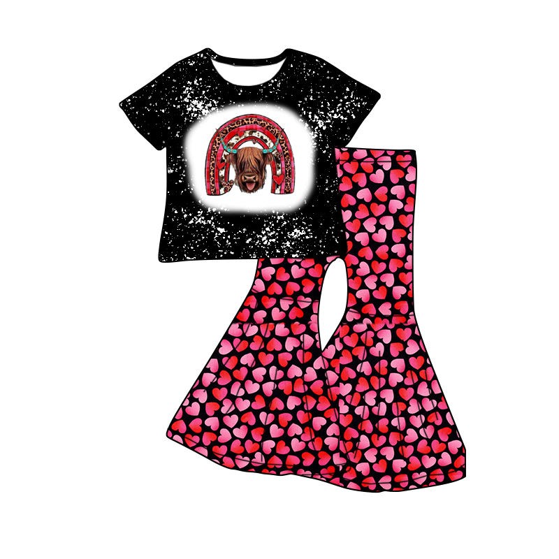 Girls Clothing Short Sleeve Cow Top Bell Bottom Pants Leggings Children's Summer Set